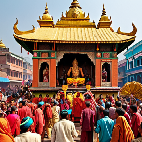 **A vibrant Nepalese religious festival:** Capture a bustling street scene filled with decorated chariots, musicians, dancers, and a large crowd paying homage to deities. Emphasize the energy, joy, and colorful atmosphere.