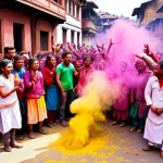 Holi Festival**

Prompt: "Vibrant Holi festival in Kathmandu, Nepal. Streets filled with people throwing colorful powder (gulal). Joyful atmosphere, rainbow of colors, traditional clothing. Focus on the energy and excitement of the celebration."

**