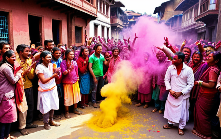 Holi Festival**
Prompt: "Vibrant Holi festival in Kathmandu, Nepal. Streets filled with people throwing colorful powder (gulal). Joyful atmosphere, rainbow of colors, traditional clothing. Focus on the energy and excitement of the celebration."
**