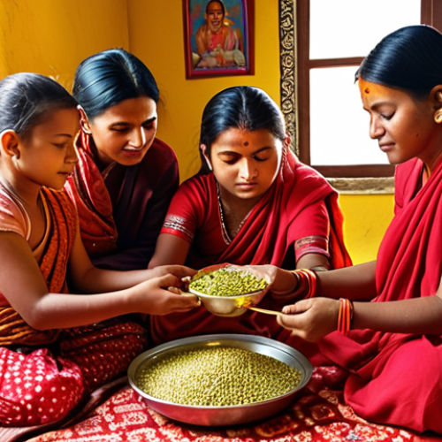 **Vibrant Dassain Celebration:** A Nepali family gathered in a brightly decorated home. The elders are applying Tika (red paste) and Jamara (barley sprouts) to the foreheads of the younger generation. Traditional Nepali clothing, festive atmosphere, offerings to the goddess Durga in the background. Golden hour lighting.