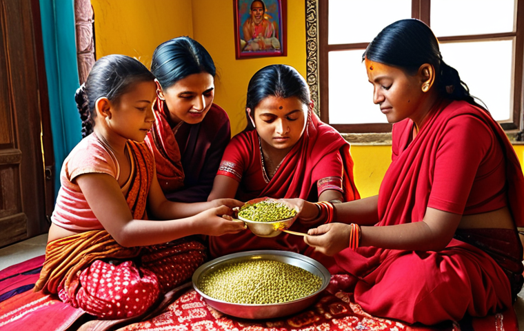 **Vibrant Dassain Celebration:** A Nepali family gathered in a brightly decorated home. The elders are applying Tika (red paste) and Jamara (barley sprouts) to the foreheads of the younger generation. Traditional Nepali clothing, festive atmosphere, offerings to the goddess Durga in the background. Golden hour lighting.