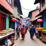 **

Prompt: A bustling street scene in Thamel, Kathmandu. Narrow alleyways packed with colorful shops selling handicrafts, steaming momos from street food vendors, and trekking agencies. Capture the organized chaos and the vibrant energy of the area. Focus on the textures of the worn buildings and the diverse faces of the Nepali people and tourists.

**