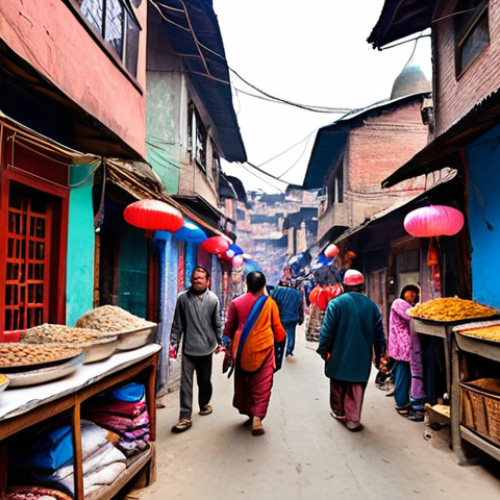 **

Prompt: A bustling street scene in Thamel, Kathmandu. Narrow alleyways packed with colorful shops selling handicrafts, steaming momos from street food vendors, and trekking agencies. Capture the organized chaos and the vibrant energy of the area. Focus on the textures of the worn buildings and the diverse faces of the Nepali people and tourists.

**