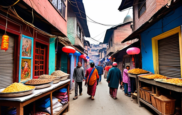 **
Prompt: A bustling street scene in Thamel, Kathmandu. Narrow alleyways packed with colorful shops selling handicrafts, steaming momos from street food vendors, and trekking agencies. Capture the organized chaos and the vibrant energy of the area. Focus on the textures of the worn buildings and the diverse faces of the Nepali people and tourists.
**