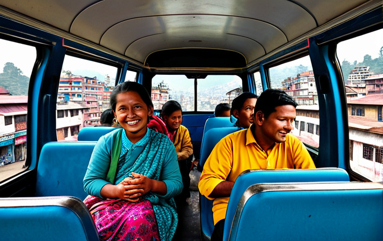 Kathmandu Microbus Adventure**

"A vibrant, bustling scene inside a packed microbus in Kathmandu, Nepal. Passengers are fully clothed in modest, colorful Nepali clothing. The background shows glimpses of the city through the windows. Safe for work, appropriate content, fully clothed, professional photography, perfect anatomy, natural proportions, family-friendly."

**