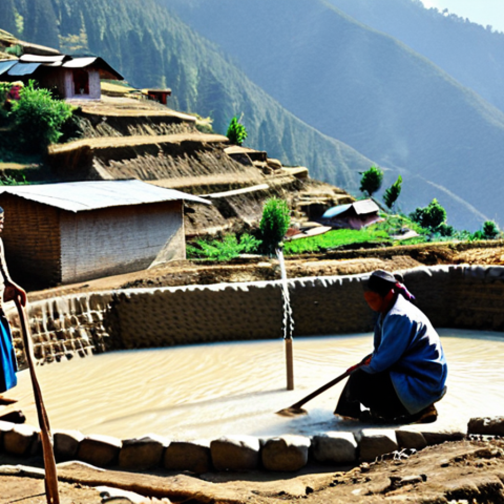 네팔의 기후변화 대응 정책 - **Image Prompt:** "Nepalese villagers constructing a rainwater harvesting system in a rural Himalaya...
