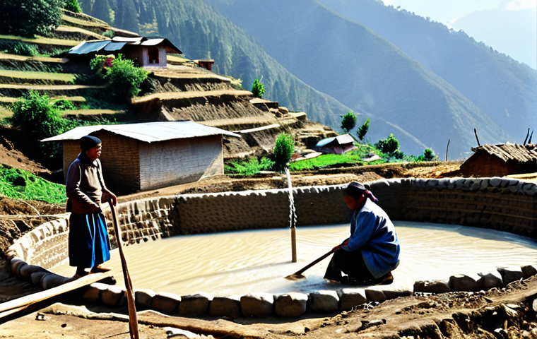 네팔의 기후변화 대응 정책 - **Image Prompt:** "Nepalese villagers constructing a rainwater harvesting system in a rural Himalaya...