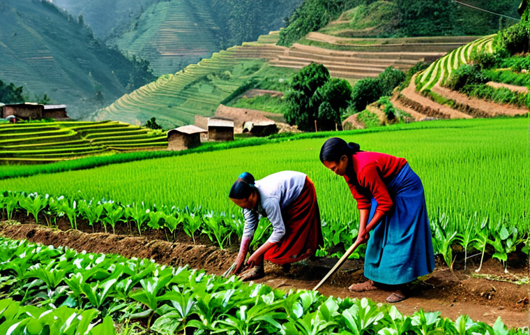 네팔의 기후변화 대응 정책 - **Image Prompt:** "Nepalese villagers constructing a rainwater harvesting system in a rural Himalaya...