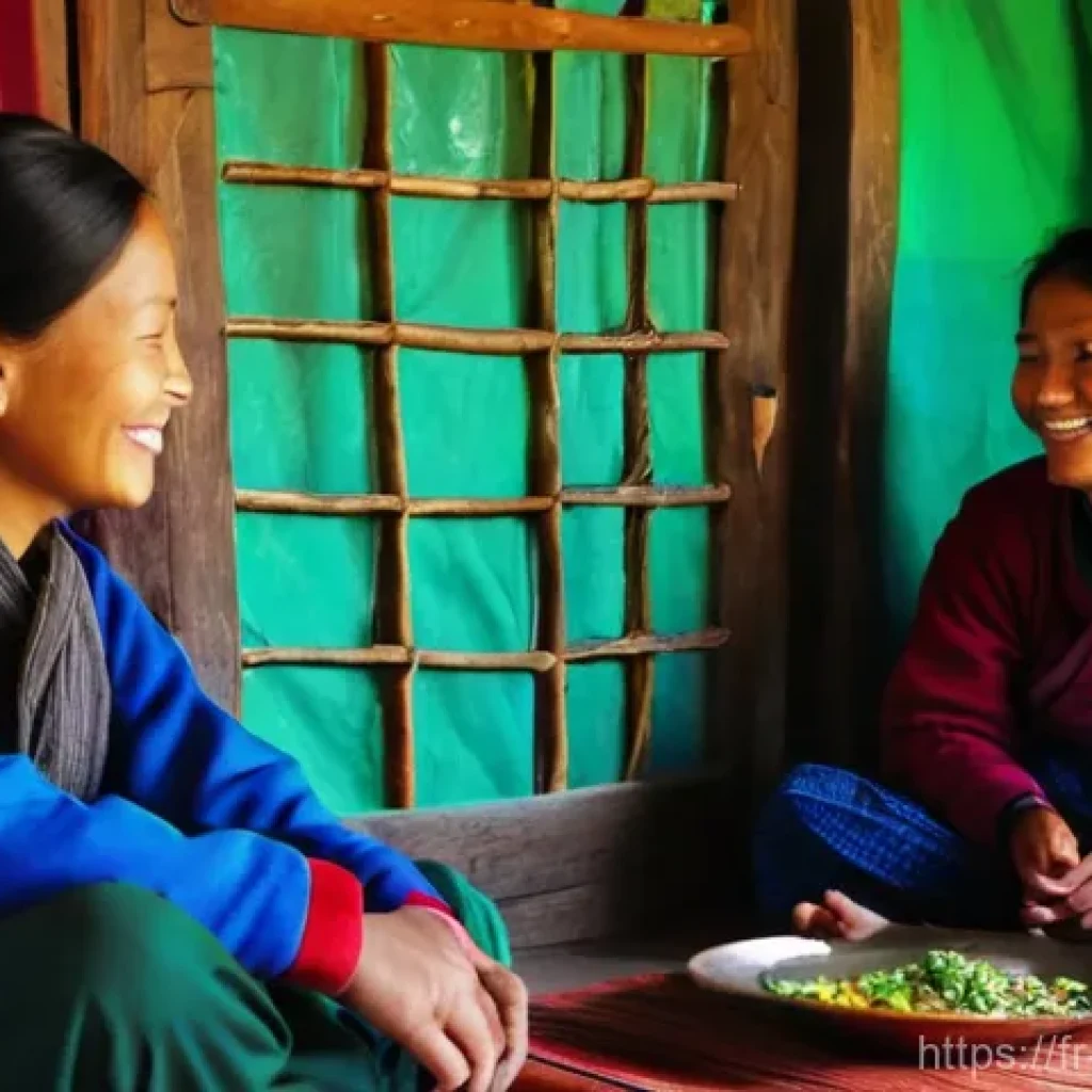 네팔의 현지 가이드 고용 팁 - **Prompt:** A heartwarming scene of a female traveler in modest, comfortable clothing, sitting on cu...