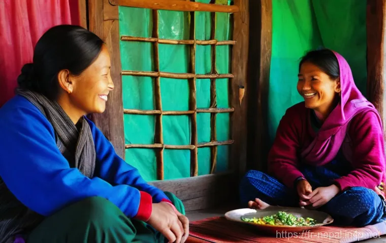 네팔의 현지 가이드 고용 팁 - **Prompt:** A heartwarming scene of a female traveler in modest, comfortable clothing, sitting on cu...