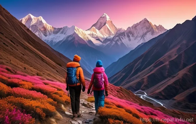 네팔의 현지 가이드 고용 팁 - **Prompt:** A heartwarming scene of a female traveler in modest, comfortable clothing, sitting on cu...