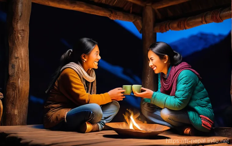 네팔의 현지 가이드 고용 팁 - **Prompt:** An awe-inspiring view of the majestic Himalayas at sunrise, with a female traveler and h...