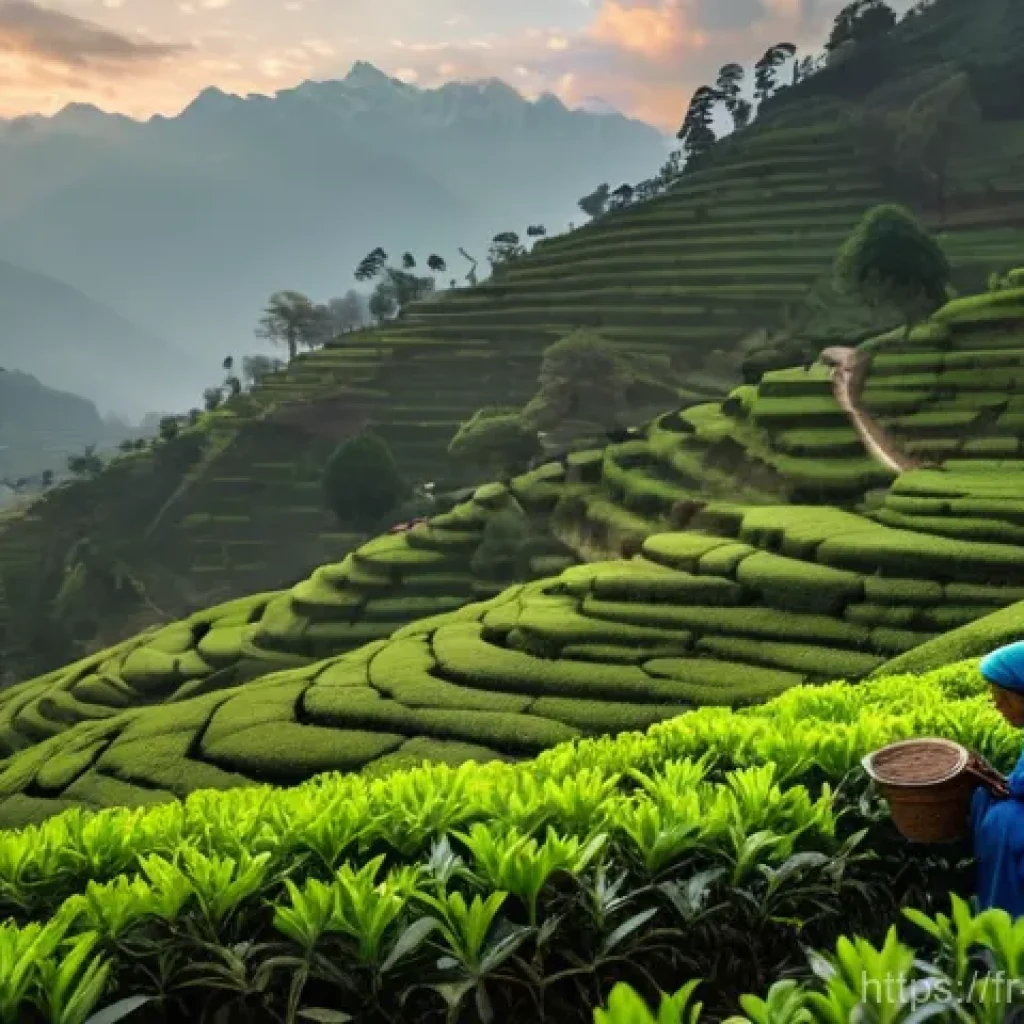 네팔의 특산물과 그 유래 - **A high-altitude Nepalese tea plantation in Ilam:** A serene scene at dawn with a gentle mist cares...