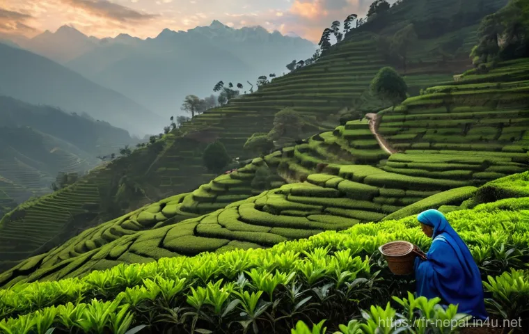 네팔의 특산물과 그 유래 - **A high-altitude Nepalese tea plantation in Ilam:** A serene scene at dawn with a gentle mist cares...