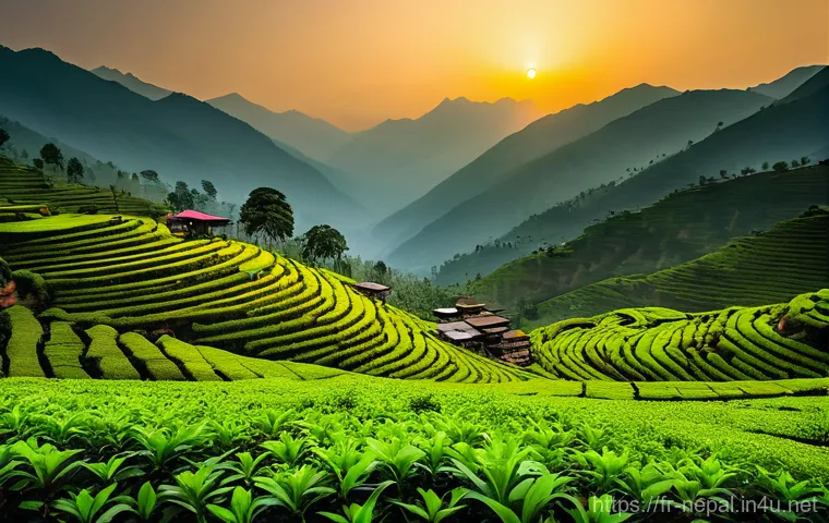 네팔의 주요 경제활동  차 재배와 무역 - Here are three detailed image generation prompts in English, inspired by the provided text about Nep...