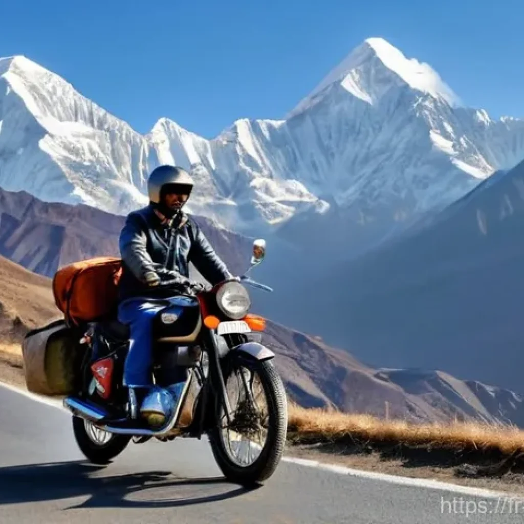 네팔에서의 오토바이 대여 가이드 - **"A solo motorcyclist, fully clad in protective gear including a robust motorcycle helmet, a durabl...