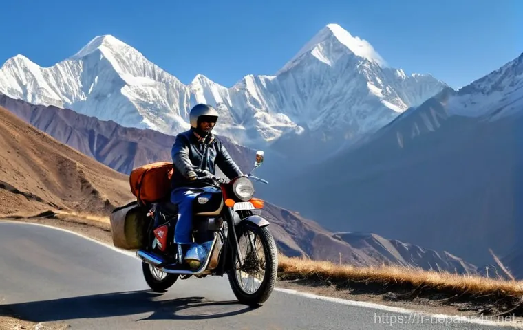 네팔에서의 오토바이 대여 가이드 - **"A solo motorcyclist, fully clad in protective gear including a robust motorcycle helmet, a durabl...