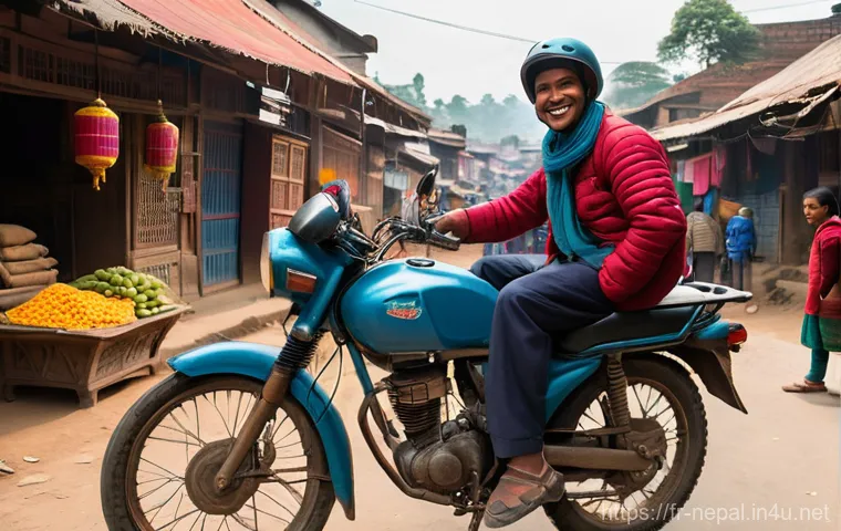 네팔에서의 오토바이 대여 가이드 - **"A solo motorcyclist, fully clad in protective gear including a robust motorcycle helmet, a durabl...