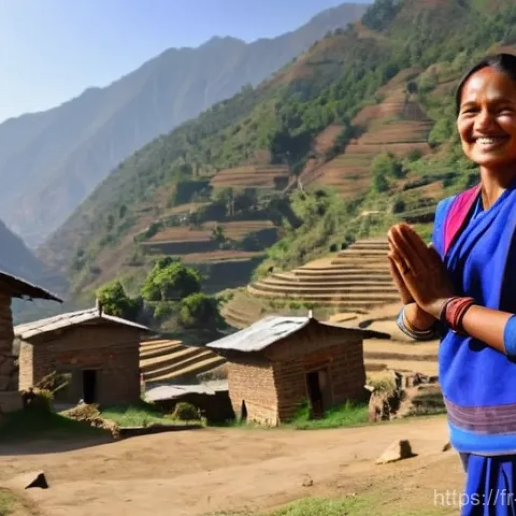 네팔 여행 중 유용한 네팔어 회화 - **Prompt 1: Warm Namaste in a Nepalese Village**
    "A respectful tourist, aged 30s, with a genuine...