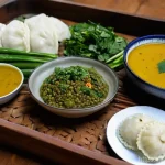 네팔과 인도 음식의 차이점 - **Prompt:** A heartwarming and inviting scene of a traditional Nepalese "Dal Bhat" meal, served on a...