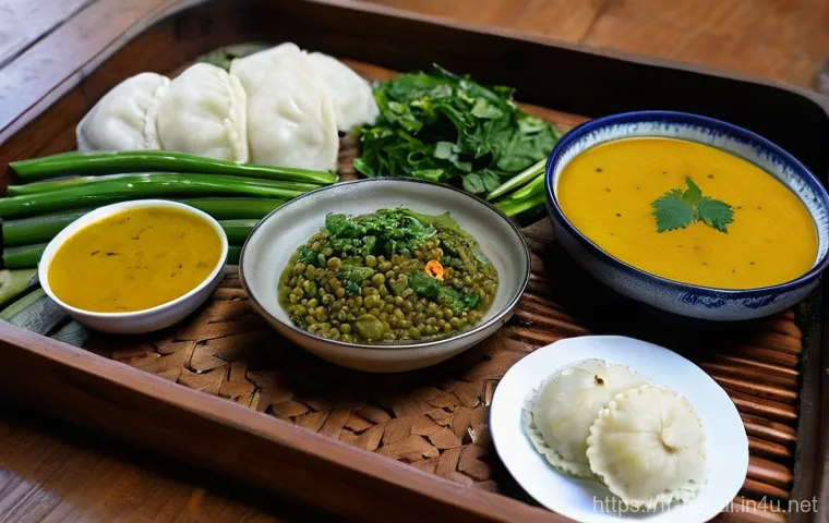네팔과 인도 음식의 차이점 - **Prompt:** A heartwarming and inviting scene of a traditional Nepalese "Dal Bhat" meal, served on a...