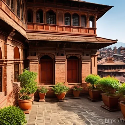 네팔 전통 가옥과 현대 건축 비교 - **Prompt 1: Serene Traditional Nepalese Courtyard Home**
    A picturesque, multi-story traditional ...