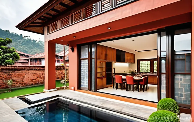 네팔 전통 가옥과 현대 건축 비교 - **Prompt 1: Serene Traditional Nepalese Courtyard Home**
    A picturesque, multi-story traditional ...