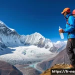 네팔 여행 시 필수 의약품 - A detailed scene of a hiker trekking the Annapurna mountain range in Nepal during daytime, wearing a...