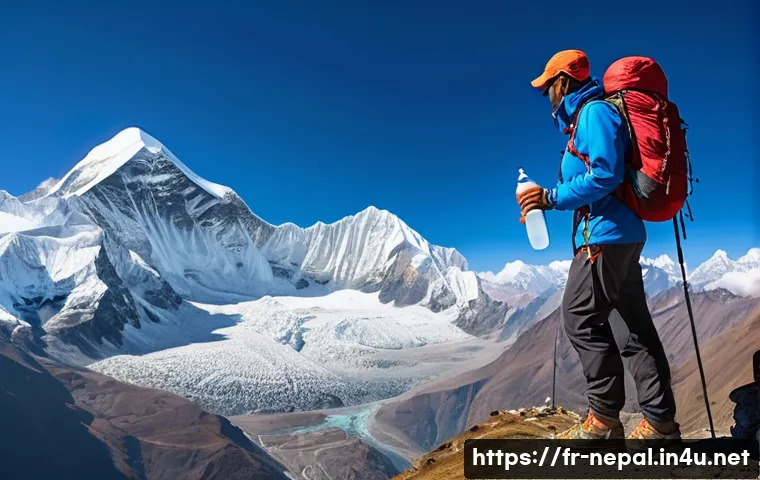 네팔 여행 시 필수 의약품 - A detailed scene of a hiker trekking the Annapurna mountain range in Nepal during daytime, wearing a...