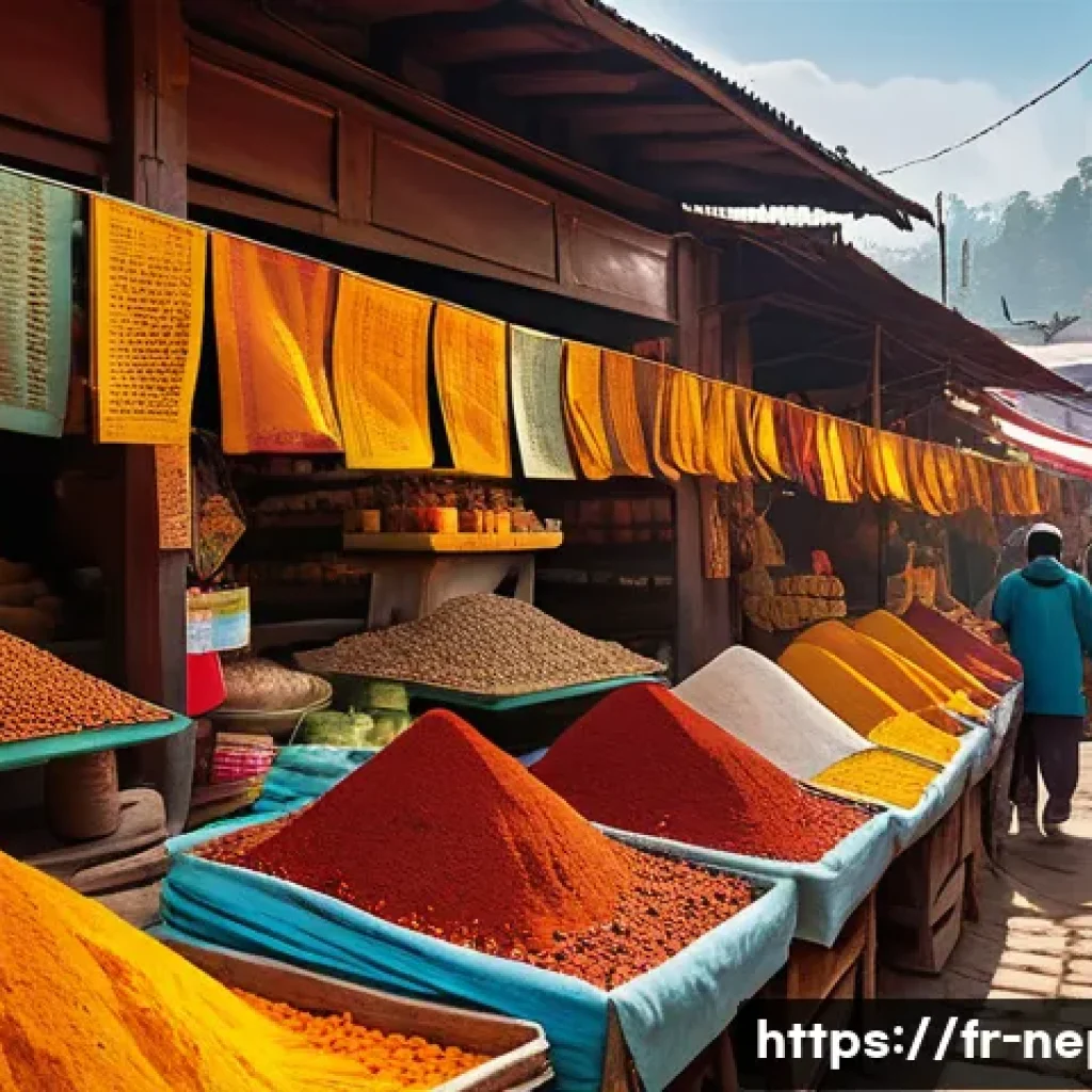 네팔의 전통 시장 탐방 - A vibrant Nepalese market scene featuring colorful spice stalls with heaps of turmeric, dried chili ...