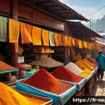 네팔의 전통 시장 탐방 - A vibrant Nepalese market scene featuring colorful spice stalls with heaps of turmeric, dried chili ...