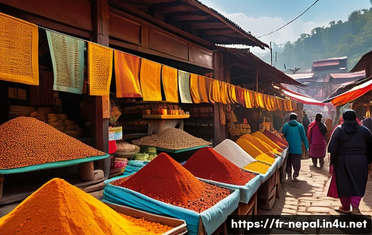네팔의 전통 시장 탐방 - A vibrant Nepalese market scene featuring colorful spice stalls with heaps of turmeric, dried chili ...