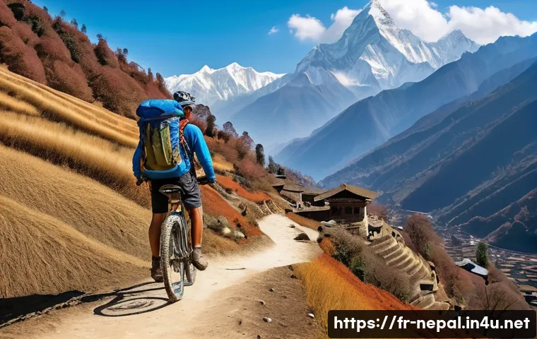 네팔의 자전거 트레일 - A scenic mountain biking trail in Nepal during autumn, showcasing a rugged full-suspension mountain ...