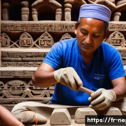 네팔 전통 건축물 복원 프로젝트 - A detailed scene of Nepalese artisans restoring an ancient temple in Patan using traditional hand-ca...