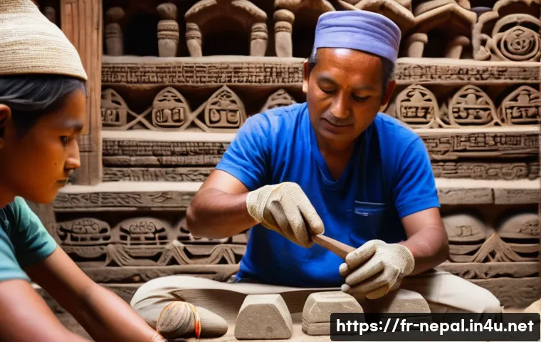 네팔 전통 건축물 복원 프로젝트 - A detailed scene of Nepalese artisans restoring an ancient temple in Patan using traditional hand-ca...