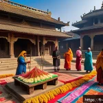 불교와 힌두교가 공존하는 네팔 종교 - A vibrant Nepalese village morning scene showing locals placing colorful flower and rice offerings, ...