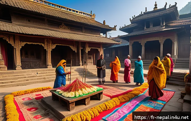 불교와 힌두교가 공존하는 네팔 종교 - A vibrant Nepalese village morning scene showing locals placing colorful flower and rice offerings, ...