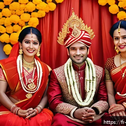 네팔의 전통적인 결혼식 풍습 - A vibrant Nepalese wedding scene featuring a bride and groom in traditional attire: the bride wearin...