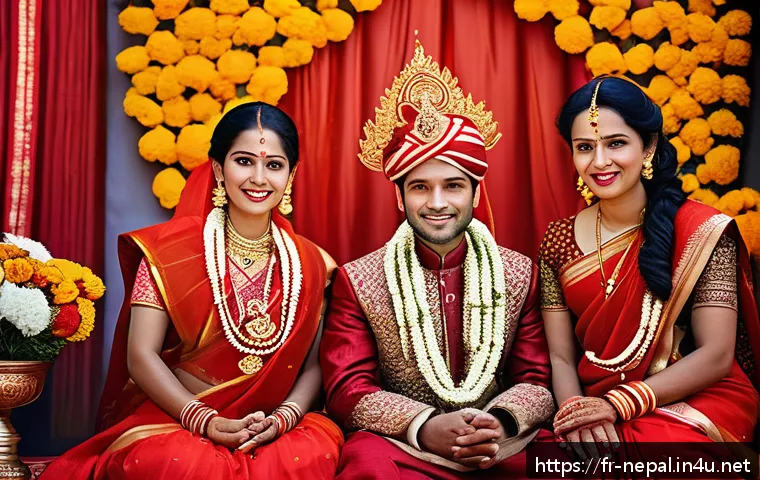 네팔의 전통적인 결혼식 풍습 - A vibrant Nepalese wedding scene featuring a bride and groom in traditional attire: the bride wearin...