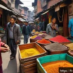 네팔 전통 수공예품 구매 가이드 - A vibrant and bustling Nepali bazaar scene in the narrow streets of Kathmandu&rsquo;s Thamel district, fil...