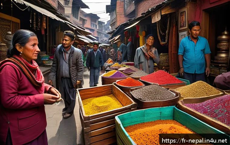 네팔 전통 수공예품 구매 가이드 - A vibrant and bustling Nepali bazaar scene in the narrow streets of Kathmandu’s Thamel district, fil...