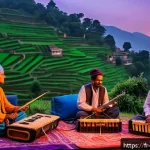 네팔의 음악 페스티벌 - A vibrant outdoor music festival set in lush green hills around Kathmandu at sunset, featuring tradi...
