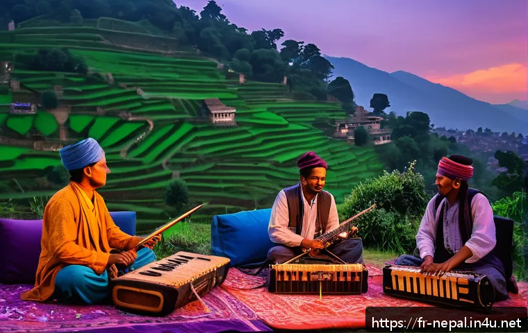 네팔의 음악 페스티벌 - A vibrant outdoor music festival set in lush green hills around Kathmandu at sunset, featuring tradi...